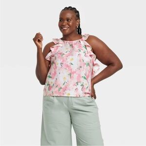 A New Day Watercolor Floral Shirt Top Women Ruffle Sleeve Keyhole, Size XXL